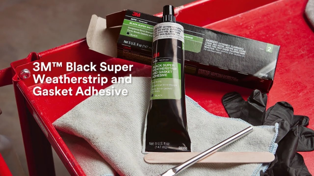3M Black Super Weatherstrip and Gasket Adhesive – 3M 08008 3M Black Super Weatherstrip and Gasket Adhesive is a flexible, high-strength adhesive designed specifically to bond rubber gaskets and weatherstripping to metal surfaces. This pro-strength adhesive helps ensure a tight waterproof seal on car doors, trunks, sunroofs and more. It’s ready to use right out of the tube and can also be used to secure paper, cork, fabrics, rubber gaskets, or to bond vinyl headliners and side panels. After fully curing for up to 24 hours, this adhesive retains flexibly, yet it resists nearly any condition like wind, rain, vibration, temperature changes, detergents, grease and more. The 3M Weatherstrip Adhesive Black is easy to use, is versatile, and will deliver the bond you’re looking for.