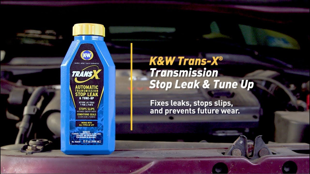 How To Fix an Automatic Transmission Leak with K&W® TRANS-X® Automatic Transmission Stop Leak An automatic transmission that leaks or slips can be an expensive and time-consuming fix.  But with K&W TRANS-X Automatic Transmission Stop Leak & Tune Up can fix the problem yourself so you can start driving again, its guaranteed.  An Automatic Transmission Fluid Leak may show up as pink, red, or clear fluid dripping from your automatic transmission housing. It will have an oily feel.  K&W TRANS-X fixes leaks, stops slips, prevents premature failure and future leaks, and extends transmission life. It also helps free valves for proper shifting.  If your vehicle has over 75,000 miles, choose TRANS-X High Mileage.  Before you start, get your tools together and read the entire product label.  Locate your transmission dipstick and check the fluid level to be sure there’s enough room for TRANS-X.  Insert your funnel in the transmission filler neck and pour in the entire bottle of TRANS-X.  Be sure not to exceed the capacity of your system. And remember, Trans-X should not be used in CVT or manual transmissions.  Close up the filler neck and that’s it! You’re good to go! Just make sure you monitor the leak and keep topping off with TRANS-X until the leak stops.  So stop leaks and start driving with K&W TRANS-X Automatic Transmission Stop Leak & Tune Up.