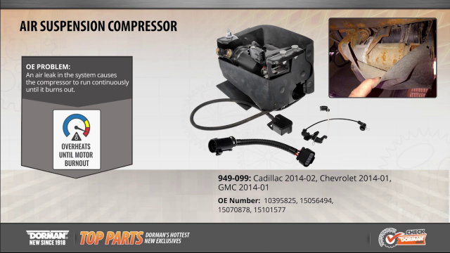 Air Suspension Compressor Part #949-099
Suspension Air Compressor
Application Summary: Cadillac 2014-02, Chevrolet 2014-01, GMC 2014-01