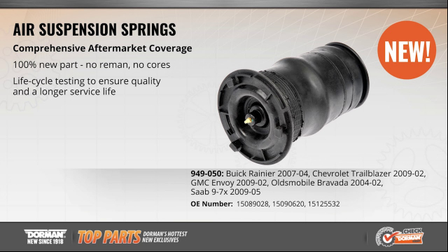Air Suspension Spring Part #949-050
Air Suspension Air Spring
Application Summary: Buick 2007-04, Chevrolet 2009-02, GMC 2009-02, Oldsmobile 2004-02, Saab 2009-05

The suspension spring is an essential component of the vehicle's air suspension system. The air spring absorbs road shock and supports the vehicle. Dorman Air Suspension Springs are made from high-quality materials for increased durability and a longer service life. This direct replacement part prevents a sagging suspension and eliminates the possibility of damage to other suspension and undercarriage components. Additionally, the Dorman Air Suspension Spring restores proper ride height ensuring a smooth ride and directional stability.