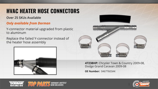 HVAC Heater Hose Connector Part #47238HP
Aluminum Heater Hose Repair Kit

Application Summary: Chrysler Town & Country 2009-08, Dodge Grand Caravan 2009-08

Application Attributes:
Packaging Type:  Card
Package Quantity:  1