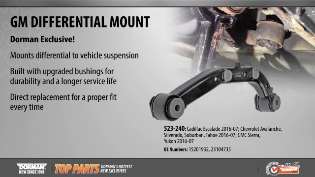 Differential Mount 523-240
Front Right Position Differential Support
Application Summary: Cadillac 2016-07, Chevrolet 2016-07, GMC 2016-07