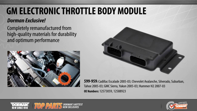 Electronic Throttle Body Module Part #599-959
Remanufactured Throttle Actuator Control Module
Application Summary: Cadillac 2005-03, Chevrolet 2005-03, GMC 2005-03, Hummer 2007-03