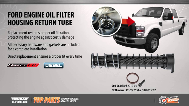 Engine Oil Filter Housing Return Tube Part Number #904-264
Oil Filter Return Tube
Application Summary: Ford 2010-03