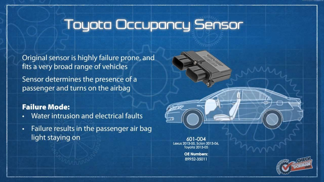 Occupant Detection Sensor Part Number #601-004

Occupancy Detection Sensor

Application Summary: Lexus 2015-05, Scion 2014-06, Toyota 2015-03