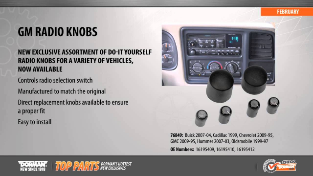 Radio Knob Part Number #76849

Radio Knob Assortment

Application Summary: Buick 2007-04, Cadillac 1999, Chevrolet 2009-95, GMC 2009-95, Hummer 2007-03, Oldsmobile 1999-97