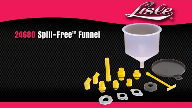 Lisle 24680 Spill-Free Funnel New clear funnel allows a quick visual check of the coolant from across the shop.

Comes with a lid to keep contaminants out as well as store the caps and adapters. Eliminates trapped air pockets which usually cause erratic cooling system and heater performance. It controls the proper amount of coolant entering system and enables unattended filling of the cooling system. The funnel eliminates squeaky belts caused by coolant overflow and protects the environment.