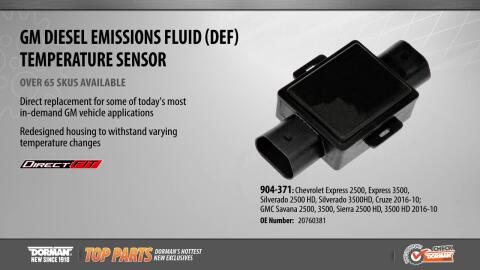 Highlighted Part: DEF Temperature Sensor for Select Chevy & GMC Models This diesel exhaust fluid (DEF) temperature sensor is designed to match the fit and function of the original sensor on specified vehicles, and is engineered for durability and reliable performance.