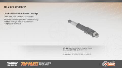 Highlighted Part: Air Shock Absorber for Select Cadillac, Chevy & GM Models This air suspension shock is designed to match the fit and function of the original shock on specified vehicles, and is engineered for durability and reliable performance.