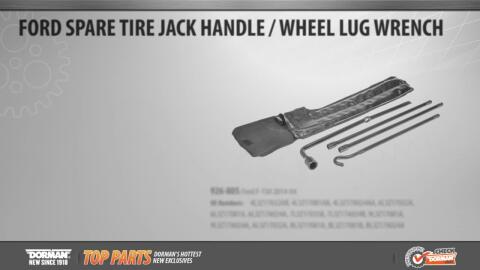 Highlighted Part: Spare Tire Jack Handle / Wheel Lug Wrench for Select Ford F-150 & Lincoln Models Replace a damaged or missing spare tire jack handle and wheel lug wrench with this direct replacement. Made of tough, durable materials, this tool is made to the original equipment dimensions and finished to prevent corrosion.