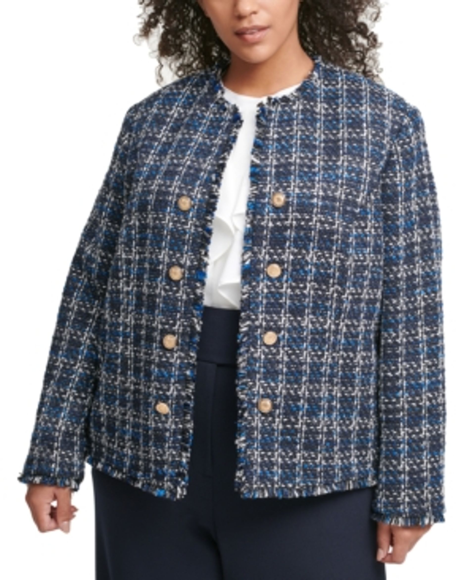 Calvin Klein Plus Size Fringed Tweed Jacket Navy Multi Macys