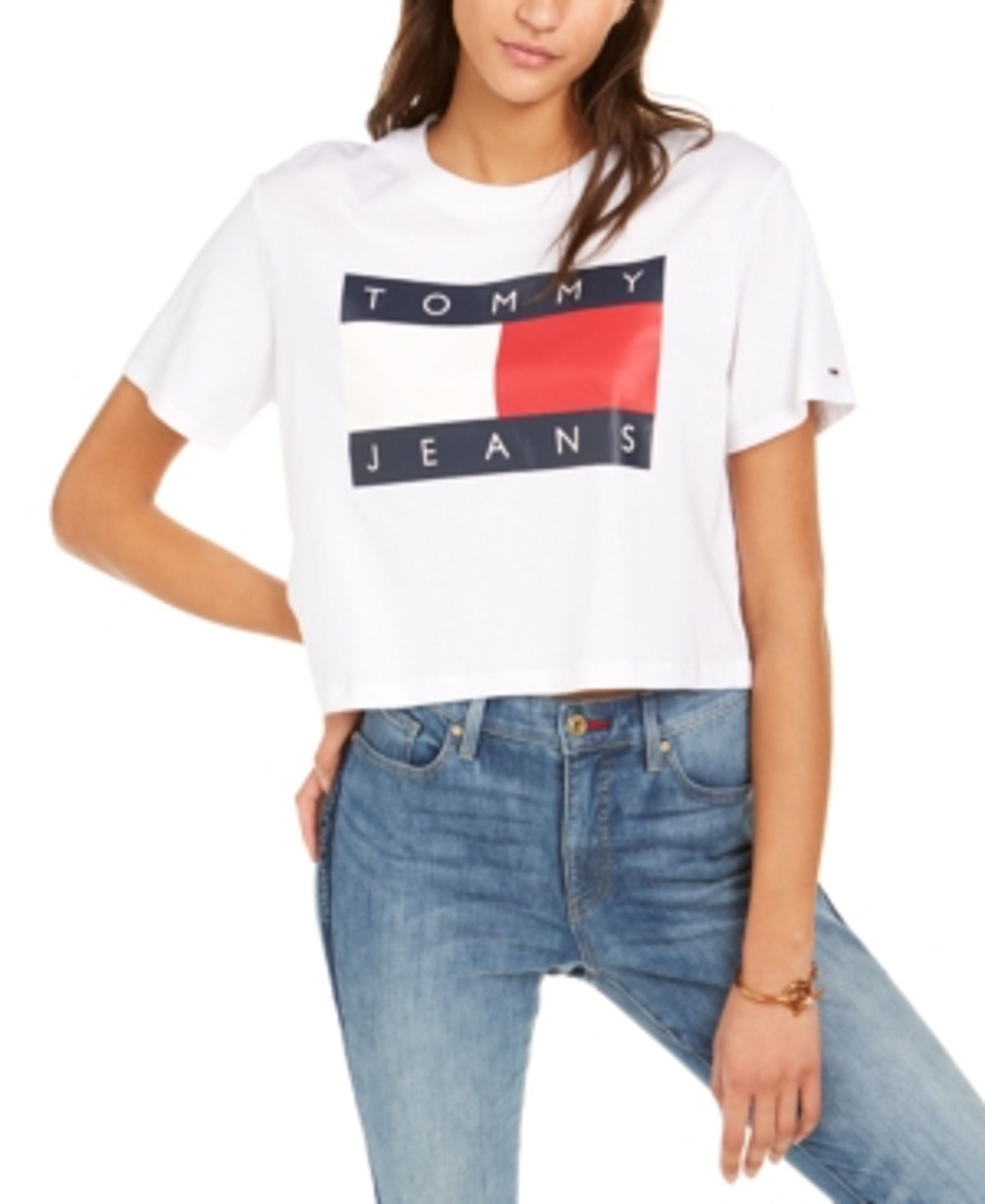 Mand Peave Alert Tommy Jeans Cotton Flag Logo Cropped T-Shirt - Macys Style Crew
